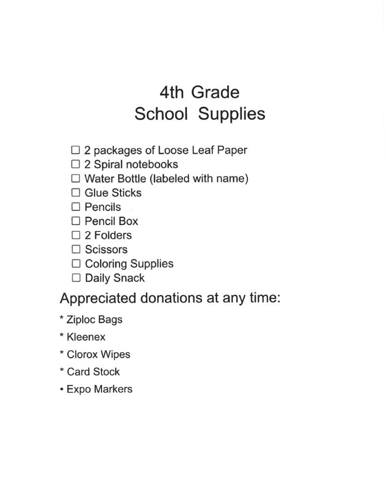 4th Grade Supply List 