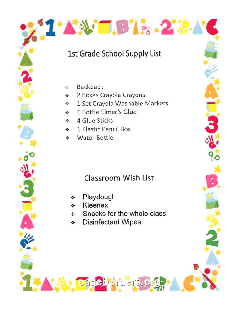 1st Grade Supply List 