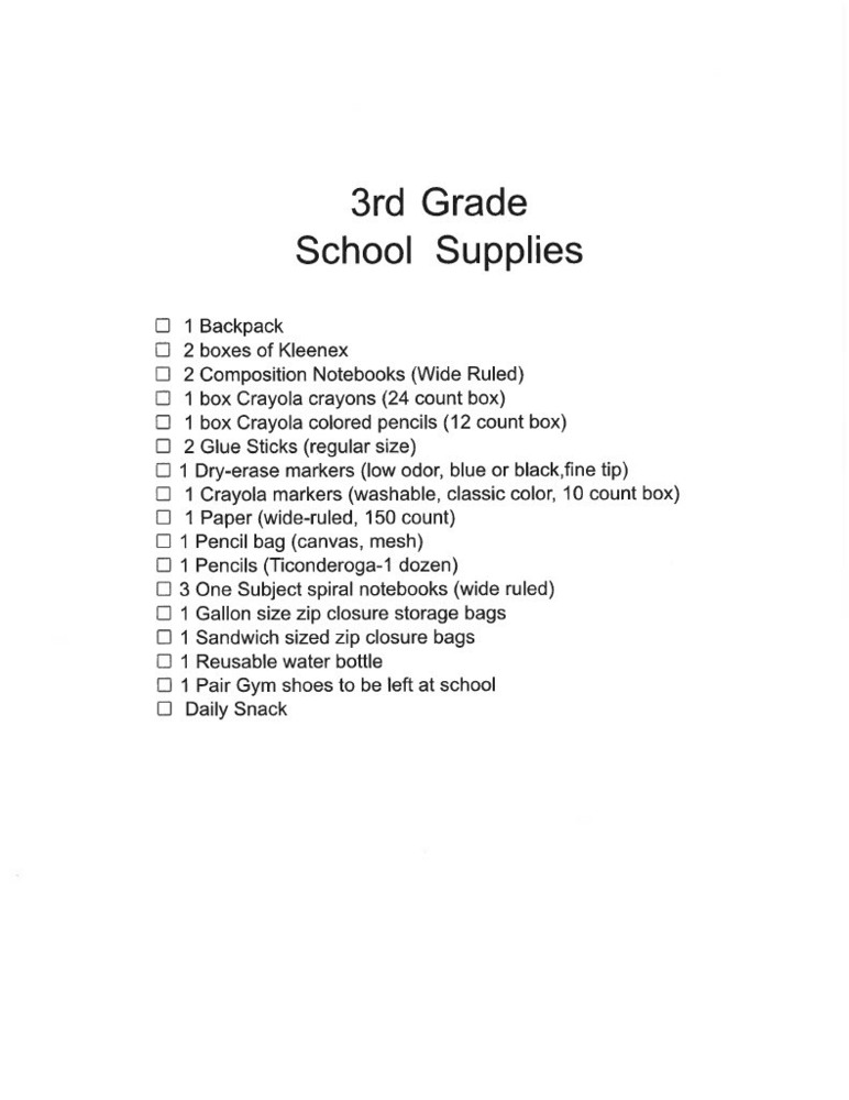 3rd Grade Supply List 